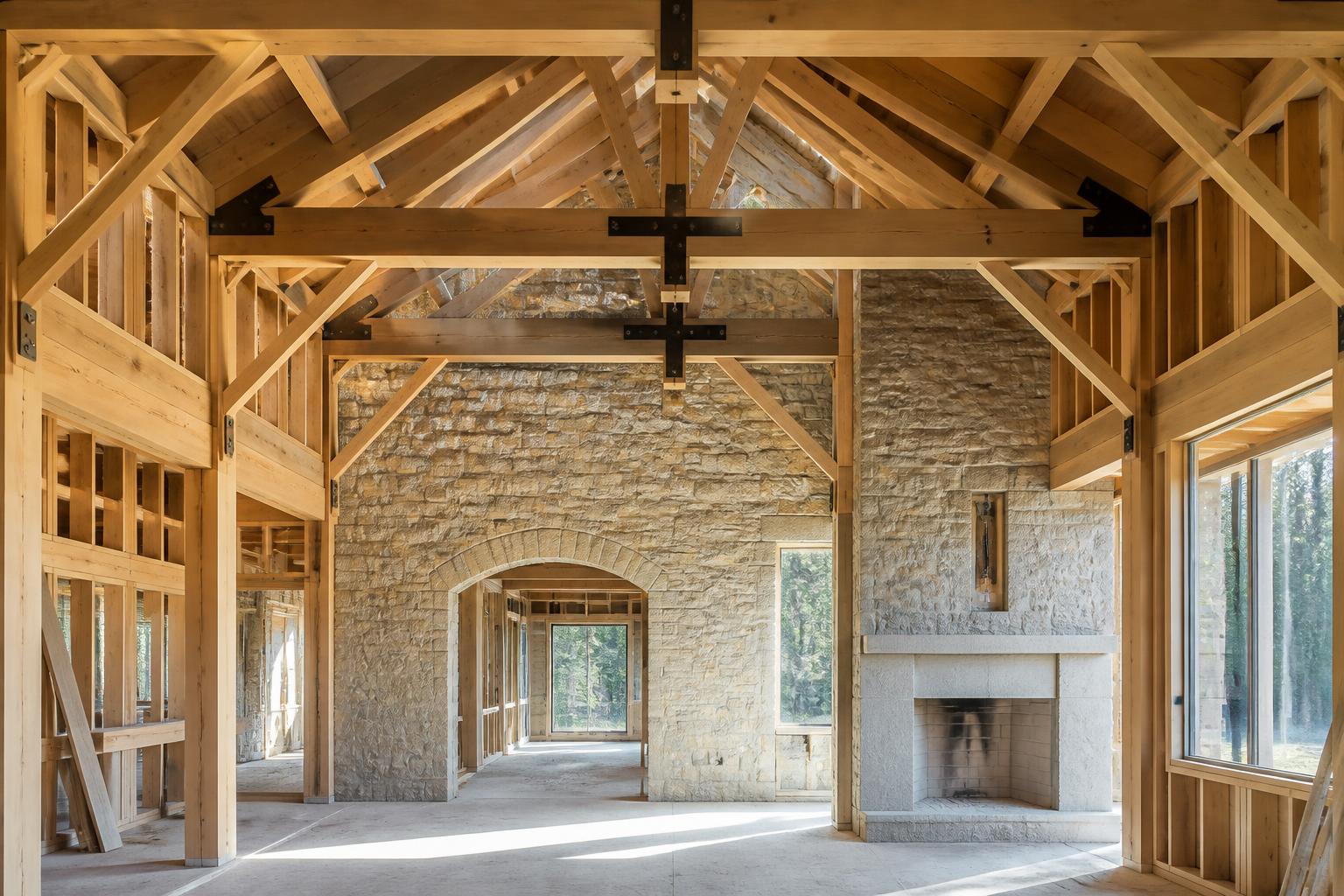 Custom home construction detail with exposed timber trusses and natural stone masonry