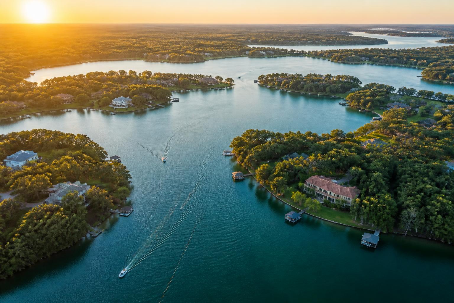 Aerial view of the Butler Chain of Lakes at golden hour near Windermere, Florida