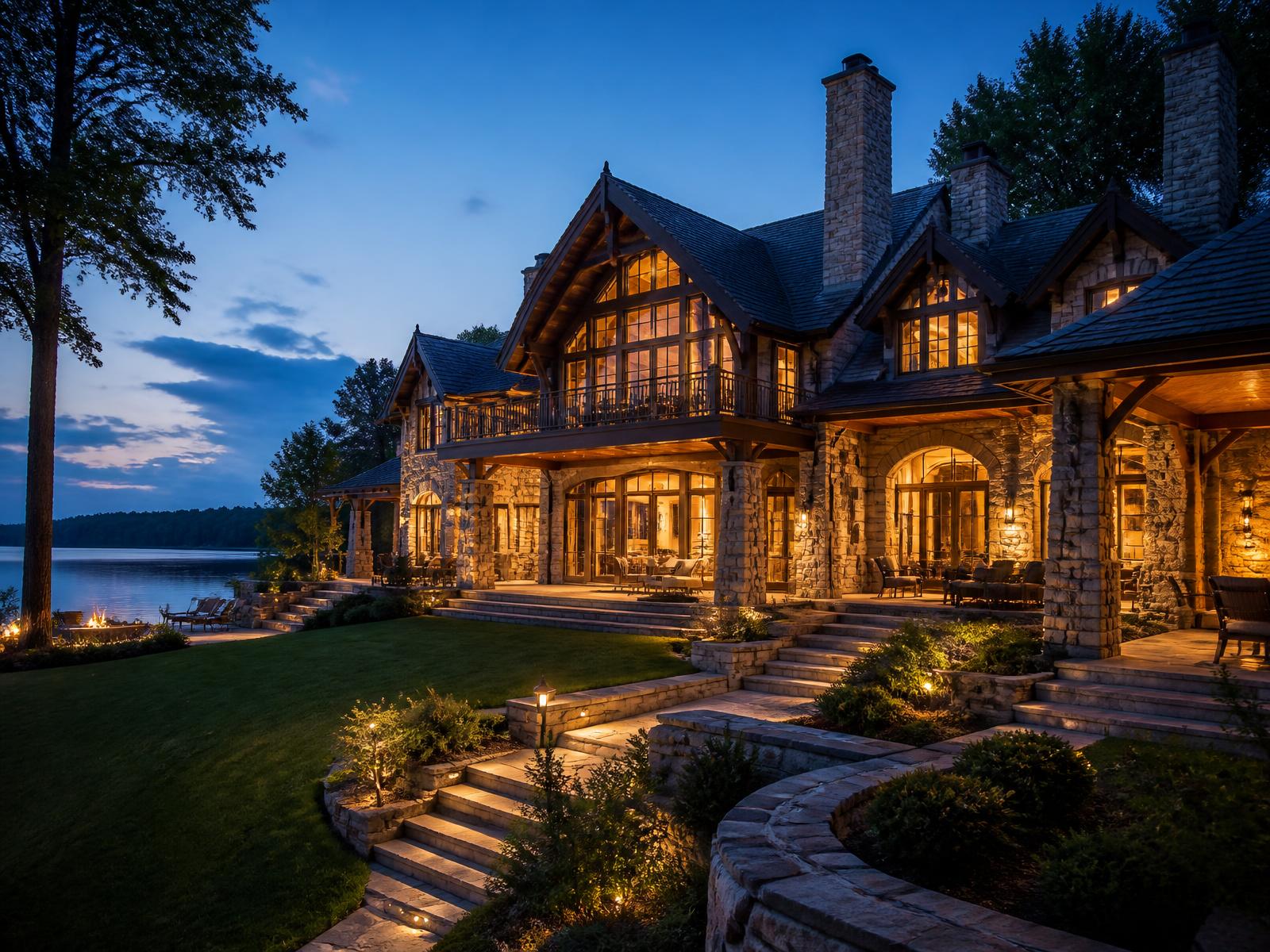 Lakefront estate exterior at blue hour with stone and timber detailing