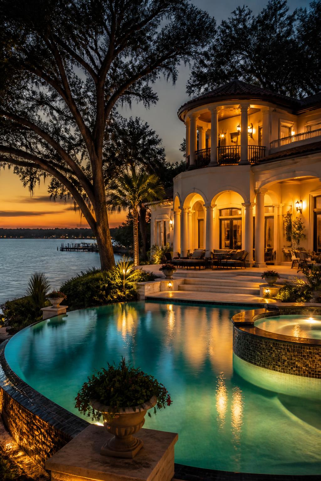 Illuminated lakefront estate and pool terrace in Windermere at dusk