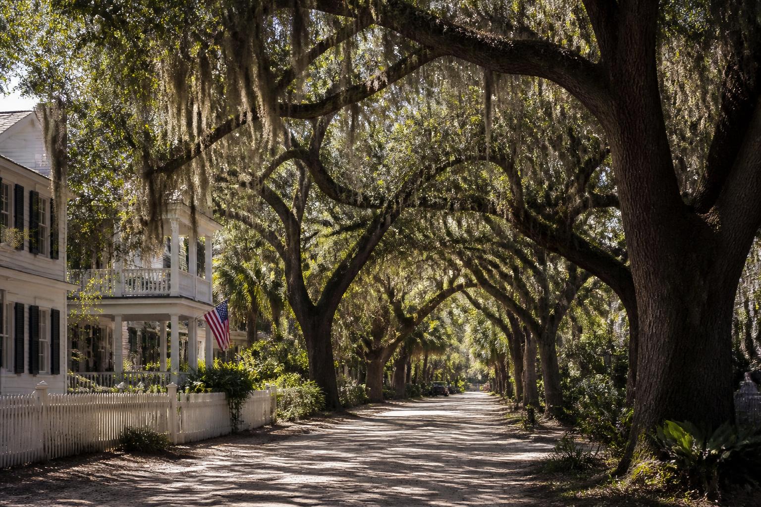 Oak-canopied street in the village of Windermere, Florida
